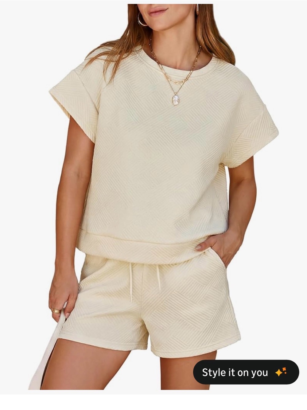 Cream Short Sleeve Quilted Lounge Top and Shorts Set